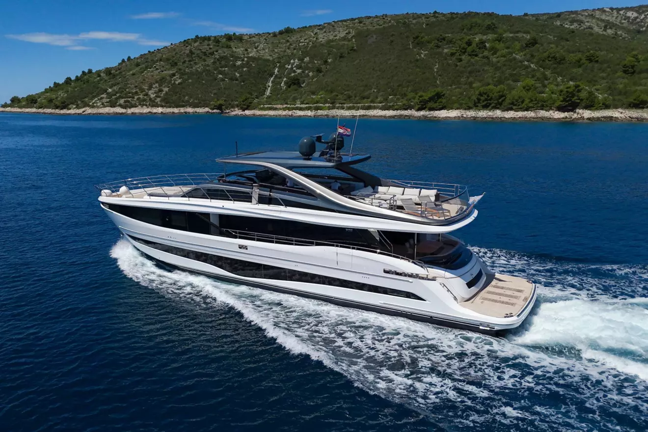 Aft view of the Princess Y95 yacht under way in Adriatic waters