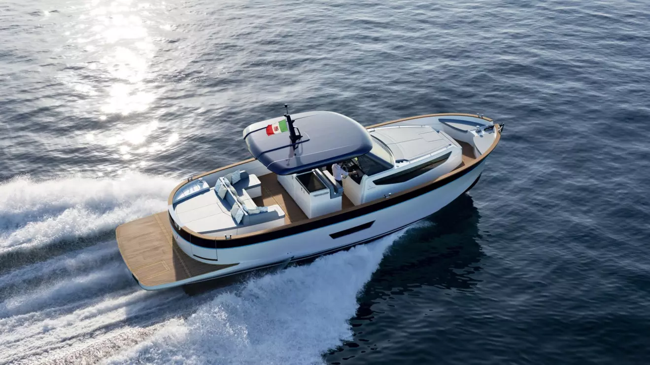 Apreamare Gozzo 42 drone shot showing deck layout and hardtop