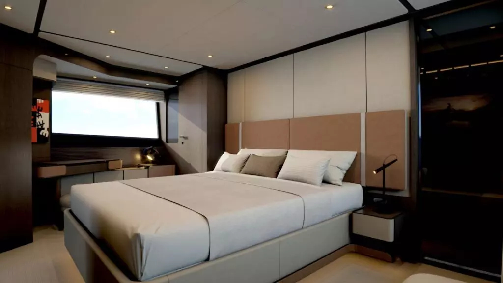 Ferretti Yachts 800 glavna kabina: Interijer glavne kabine s luksuznim detaljima i udobnim krevetom.