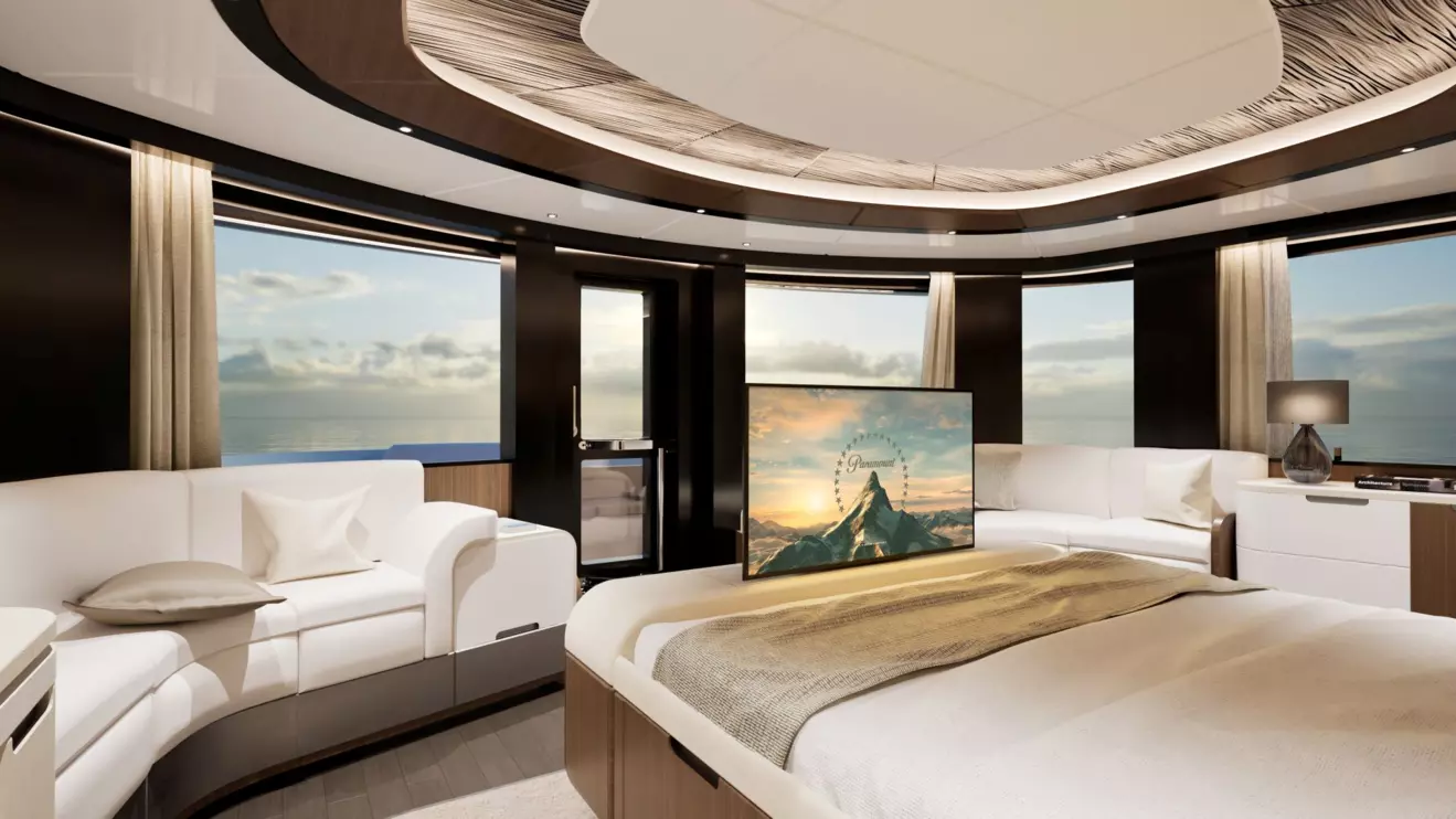 Owner&rsquo;s suite on the GX42 superyacht with luxurious furnishings and spacious layout