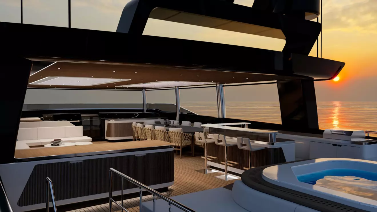 Sundeck of GX42 superyacht with teak flooring, custom furniture, and large Jacuzzi