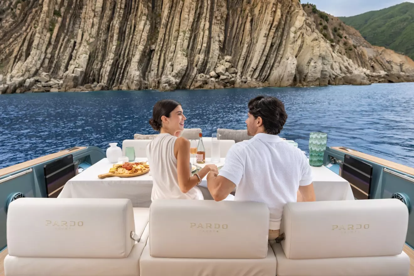 Couple relaxing on the aft deck of Pardo 43