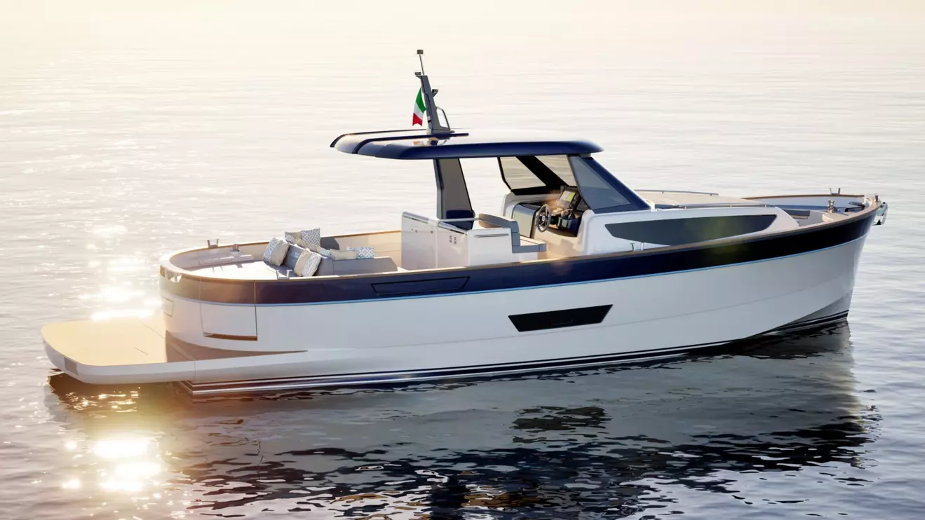 Apreamare Gozzo 42 side profile showing redesigned hull and sleek silhouette